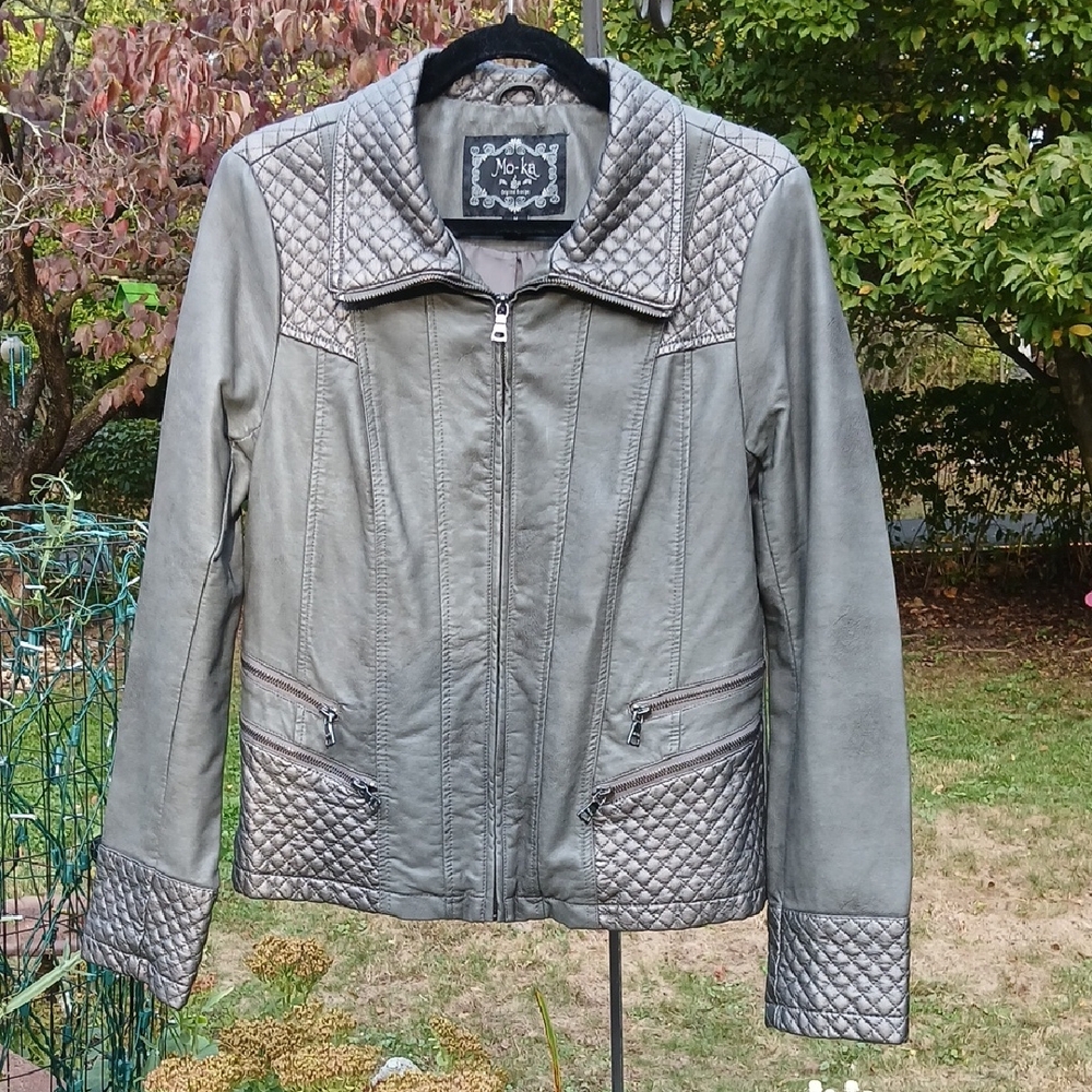 Mo-ka Gray Quilted Faux Leather Womens Jacket